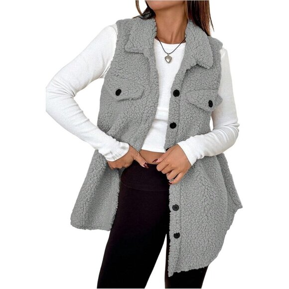 Jackets & Blazers - Women's Grey Fuzzy Fleece Vest Sleeveless Button Down Thigh Length Teddy Coat